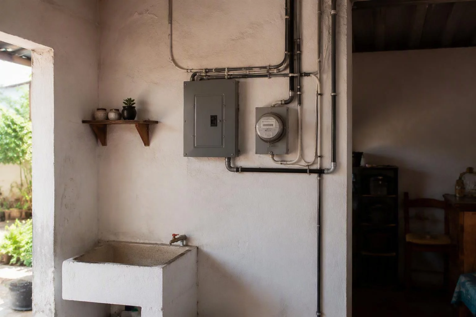 Cuarto de servicio con el tablero eléctrico, el medidor y el cableado ordenado sobre el muro